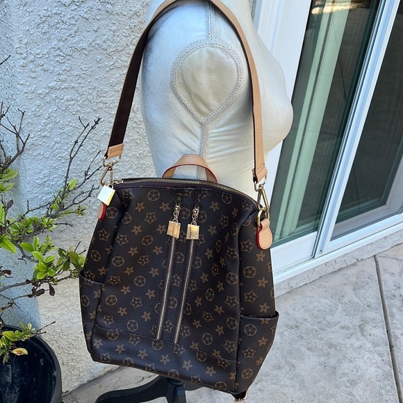 Brown and Tan Vinyl Backpack Purse - Picture 1 of 11